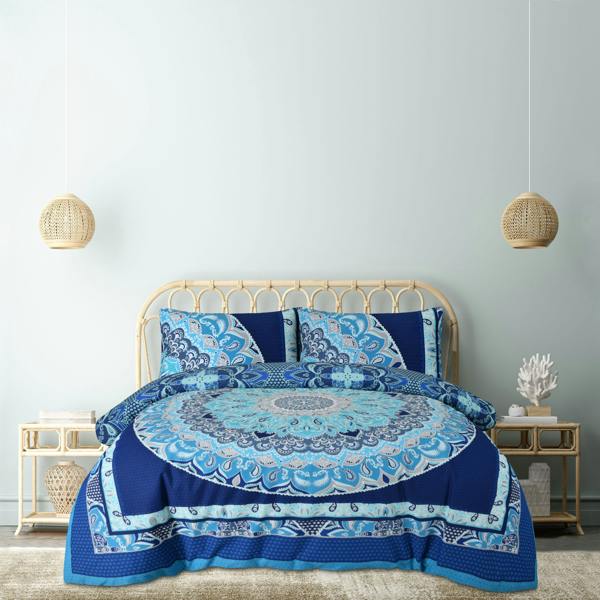 Smart Living Reversible Polycotton Paisley Mandala Duvet Cover and Pillowcase Set - Blue