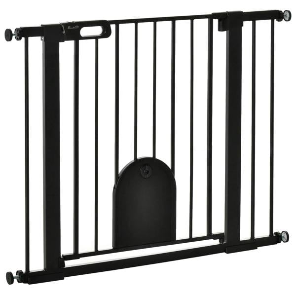 Black pet safety gate with built-in cat flap door and vertical bars