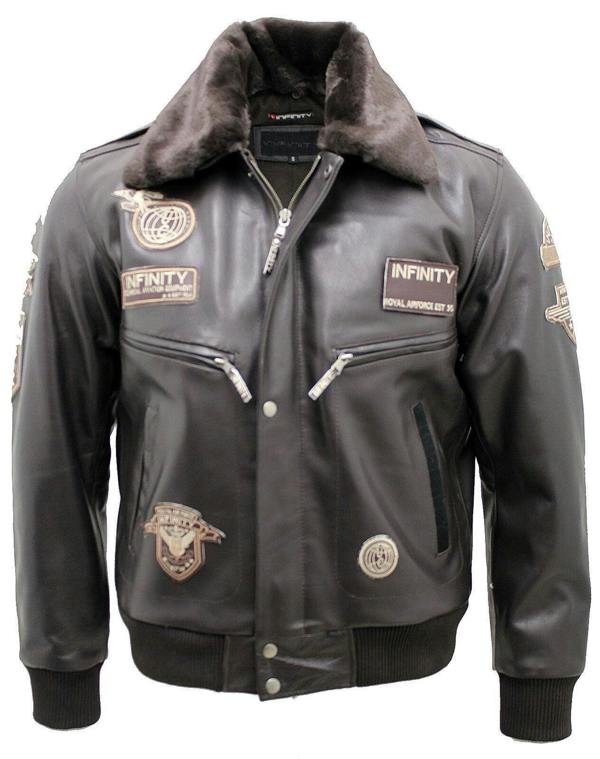 Infinity Leather Mens Cow Hide Detachable Collar Leather Flight Bomber Jacket