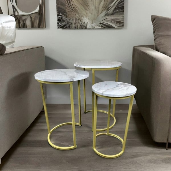 Rafaelo Mobilia Set Of 3 Gold Nesting Tables With Faux Marble Top