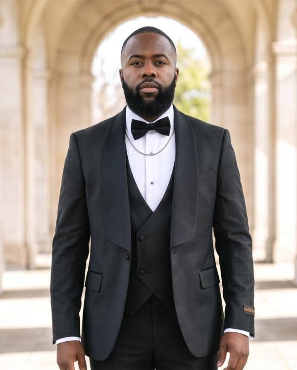 Pamoni Men’s Slim Fit Wool-Blend Tuxedo with Satin Shawl Lapels – Charcoal