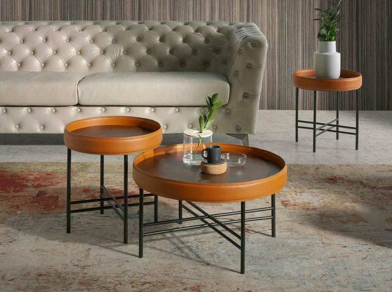 Angel Cerdá Round Coffee Table in Leatherette, Walnut and Black Steel 2058