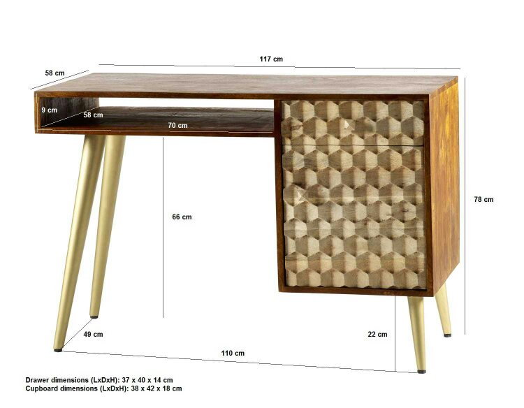 Wyld Haus Beijing Mango Wood Desk 1 Drawer 1 Door Gold Geometric Pattern
