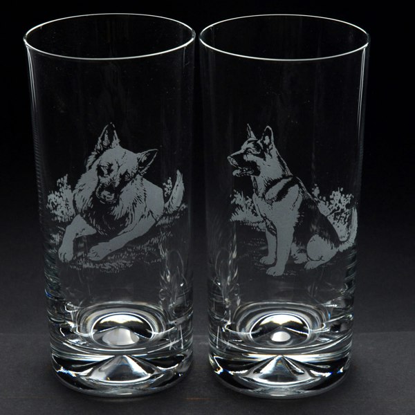 pair of highball glasses engraved with German Shepherd designs