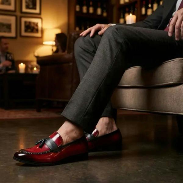 Dolcetto Mens Red Tassel High-Gloss Patent Faux Leather Formal Loafers Shoes