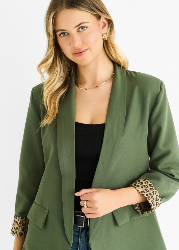 Gini London Khaki Contrast Animal Edge to Edge Blazer