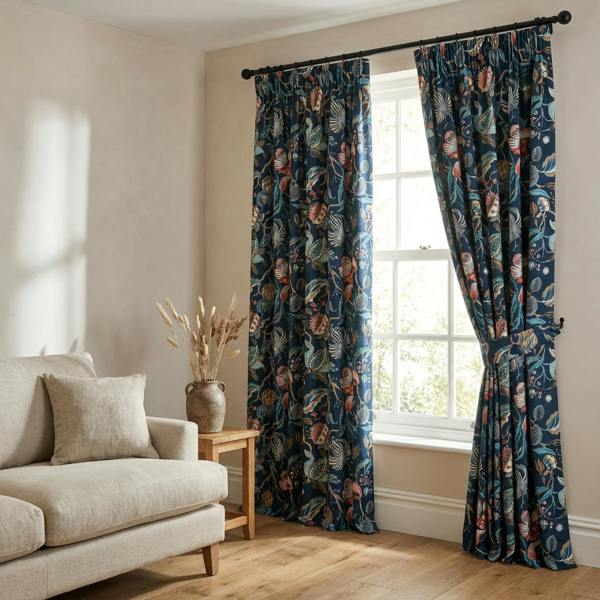 Morton made-to-measure curtains in Midnight, styled in a living room