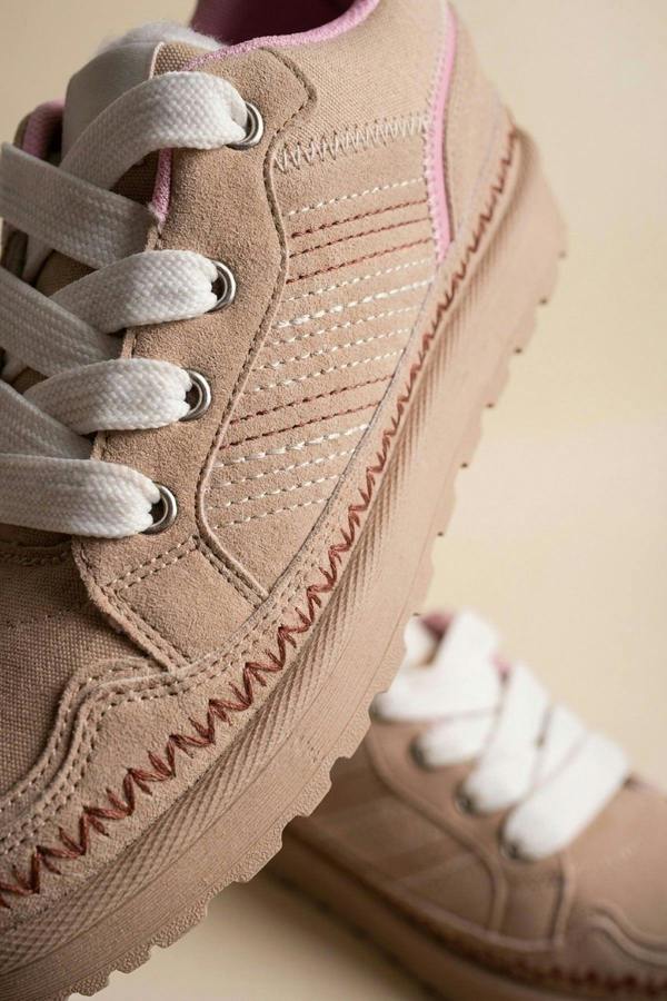 Pearl Faux Suede Platform Trainers - Beige