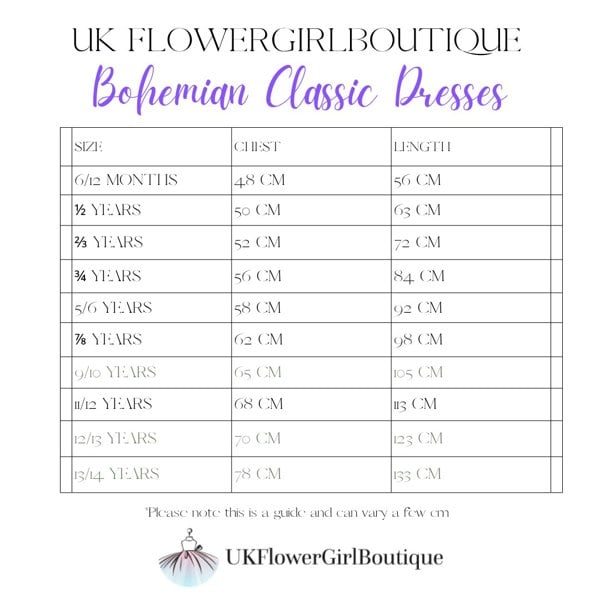 Size chart for Bohemian classic dresses by UK Flower Girl Boutique