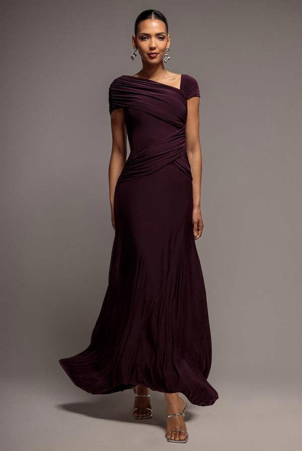 Asymmetric Neck Gathered Waist Maxi Dress - Burgundy DR5096