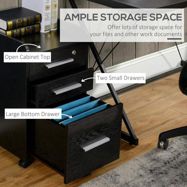 Black three-drawer filing cabinet with open top and large bottom drawer compartment
