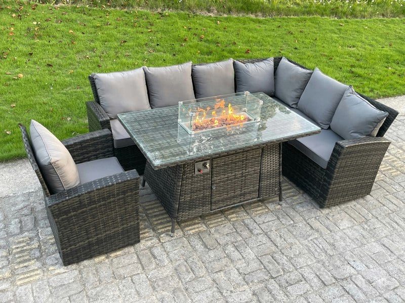 Fimous High Back Rattan Corne r Sofa Set Garden Furniture Sofa Gas Fire Pit Dining Table Gas Heater Chair 7 Seater