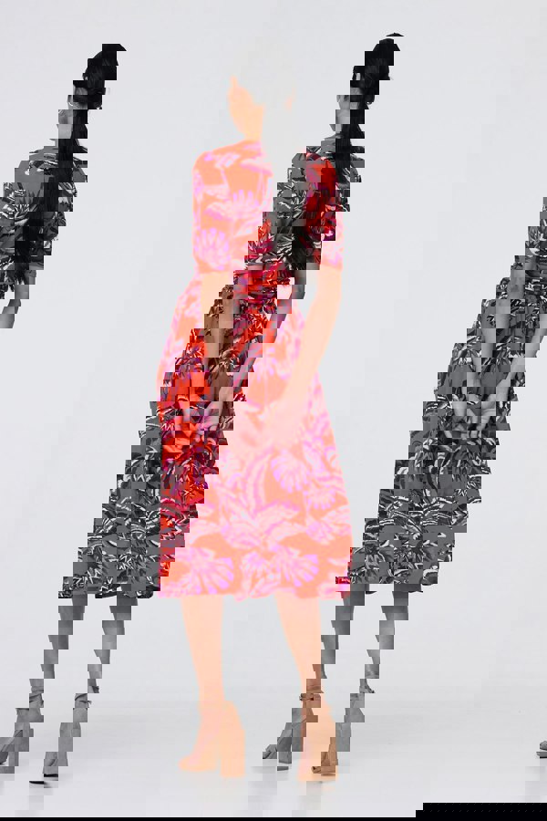 Orange | Tropical Print Faux Wrap Midi Dress