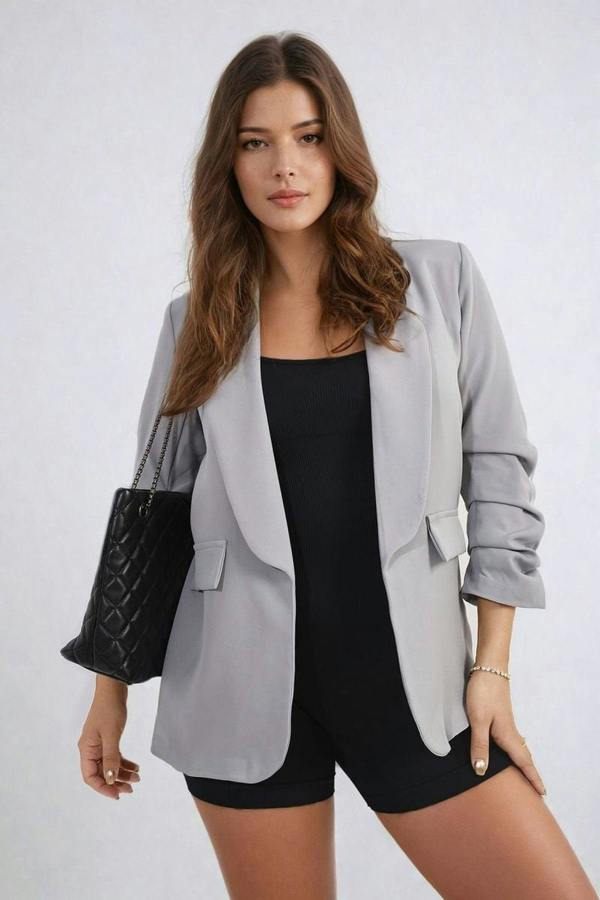 Valerie Ruched Sleeve Open Front Blazer Jacket With Front Pockets - Grey