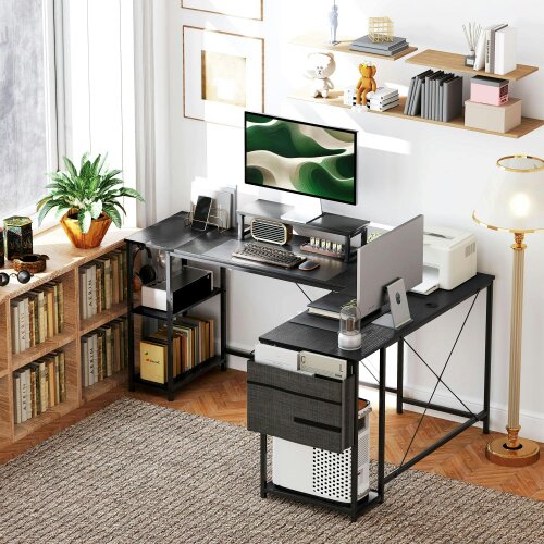 Wyld Haus Kadoso 168cm Black Reversible Industrial L Shaped Desk With Adjustable Shelves And Monitor Stand