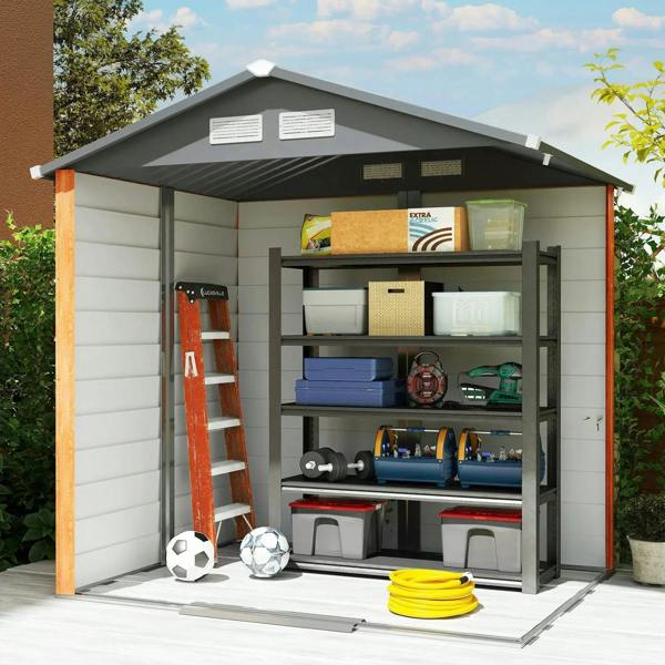 Metal garden shed interior with shelves and storage compartments, door open