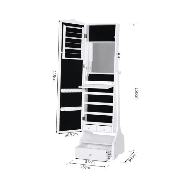 White flip-over jewelry cabinet open to reveal earring and ring storage shelves