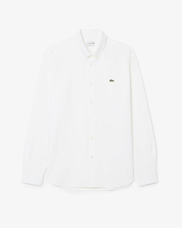 Lacoste Casual Oxford Mens Long Sleeve Shirt - White/White 800 | CHO | Designer Mens Long Sleeve Shirts