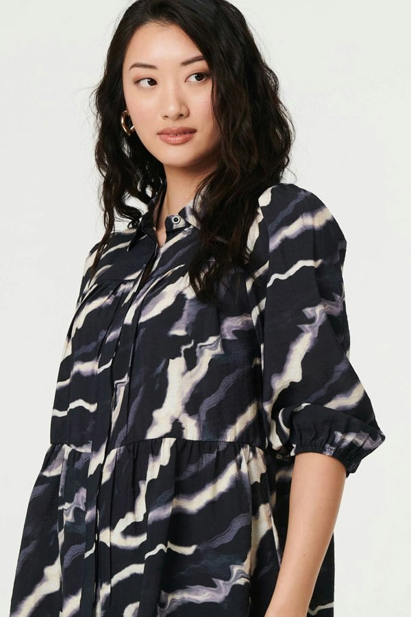 Navy | Marble Print 3/4 Sleeve Ruched Blouse
