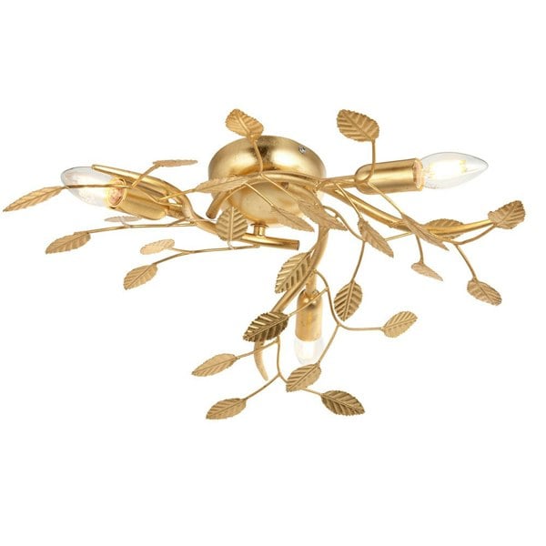 Gold Leaf Flush Ceiling Light - 3 Bulb Decorative Fitting - Low Profile Lighting