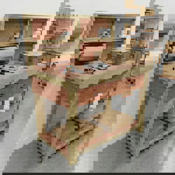 Wooden eucalyptus Top Workbench – Durable Tool Cabinet with Drawers and Back Panel, Ideal for Dry Indoor Spaces Such as Garages, Workshops, and Studios.