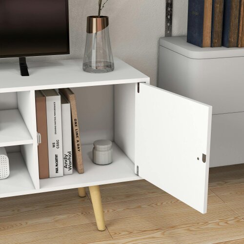 Wyld Haus Vido 120cm Tozi Wooden White TV Cabinet With Open Shelves And Wooden Legs For Screens Up To 55 Inches