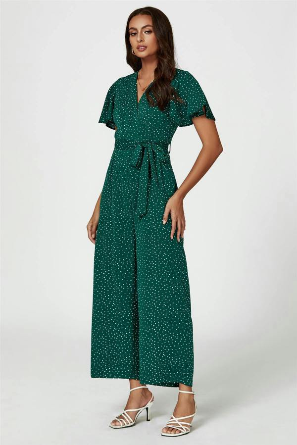 FS Collection Dot Print Wrap Top Jumpsuit In Green
