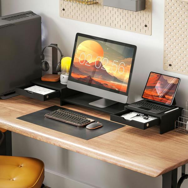 HOMCOM Dual Monitor Stand Riser with Adjustable Length and Angle, Black - Black