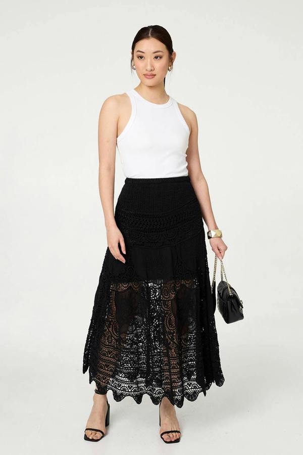 Black | Floral Crochet Mesh Layered Maxi Skirt