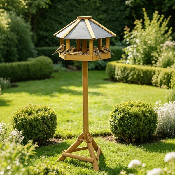 Gr8 Garden Hexagonal Wooden Bird Feeding Station Table with Roof Outdoor Garden Bird Feeder Stand