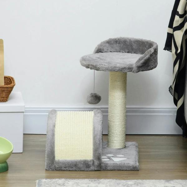 Grey cat tree with round top bed, hanging ball, and lower hideout
