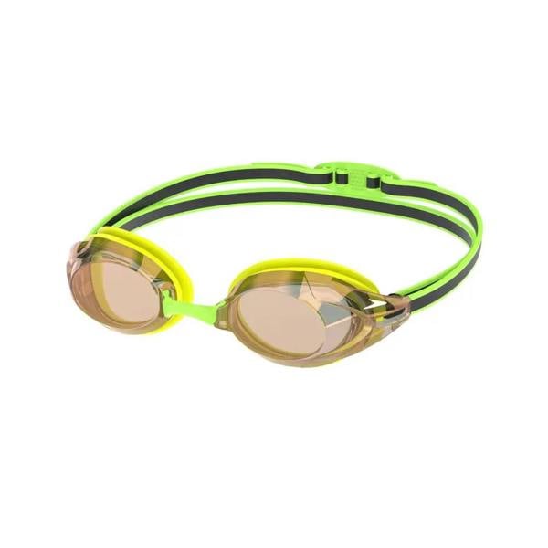 Speedo Vanquisher 3.0 mirrored swim goggle in neon yellow and green with clear lenses