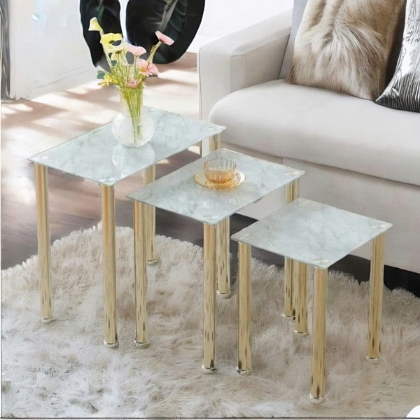 Rafaelo Mobilia Set Of 3 Glass Marble Nesting Tables Silver