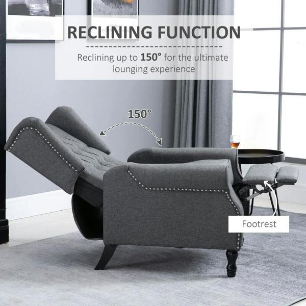 Light gray recliner armchair shown reclined with extended footrest