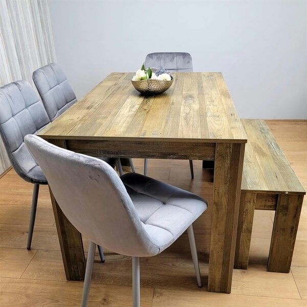 Kosy Koala Wooden Dining Table Set for 6 Rustic Effect Table With 4 Grey Velvet Chairs and 1 Bench