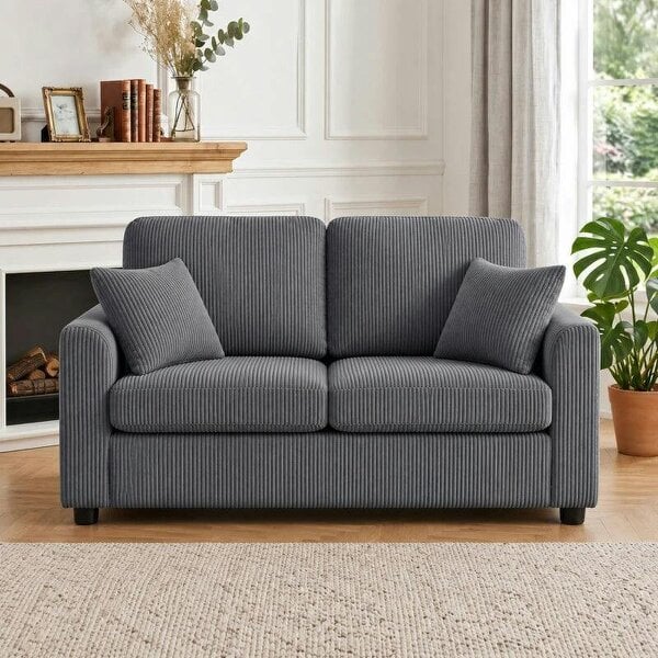 2 Seater Sofa, Corduroy Small Couch with Spring Cushion, Wide and Deep Seat, Dark Grey - Dark Grey
