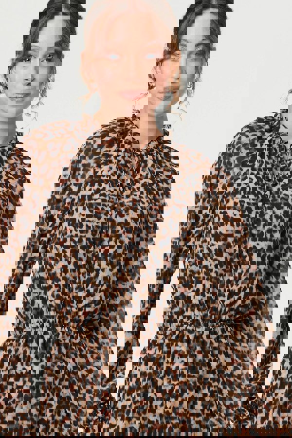 Brown | Animal Print Ruched Tie Neck Short Dress
