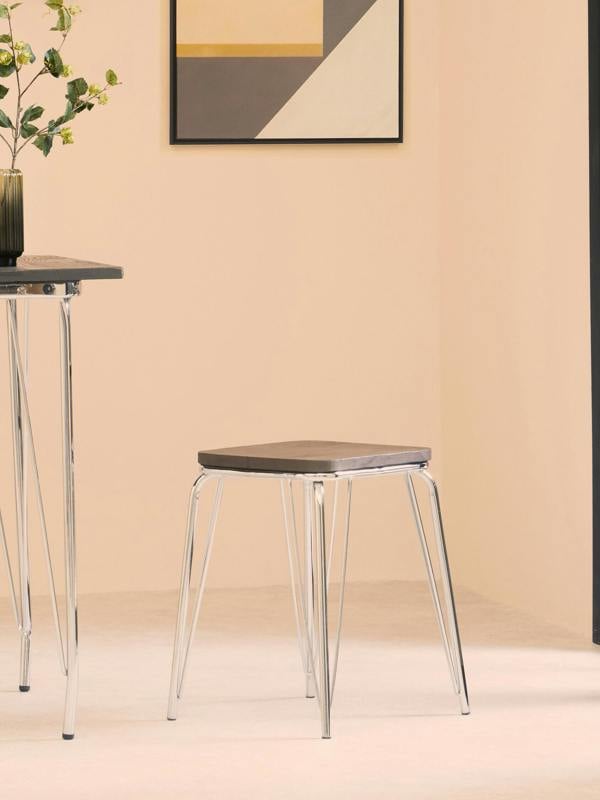 District Chrome Metal And Elm Small Wood Stool