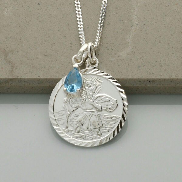 Christopher James of London Sterling Silver St Christopher Necklace With Teardrop Birthstone And Optional Engraving