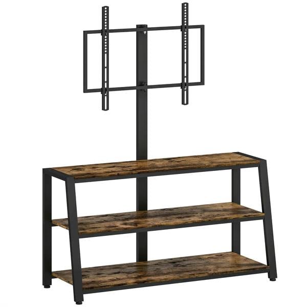 Industrial TV stand with dark brown wood shelves and black metal frame, swivel TV mount