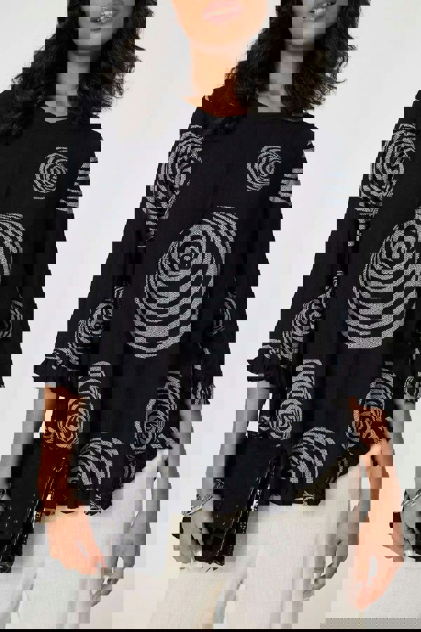 Black | Abstract Print Frill Hem Tunic Top