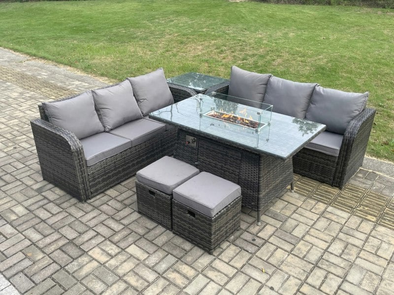 Fimous Rattan Garden Furniture Set with Fire Pit Table 8 Seater Outdoor Patio Lounge Sofa Set Dark Grey Mixed