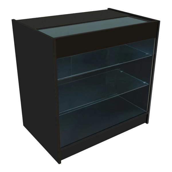 Vega LED shop counter set in black featuring a sleek design, glass shelves, and a top display area for showcasing products