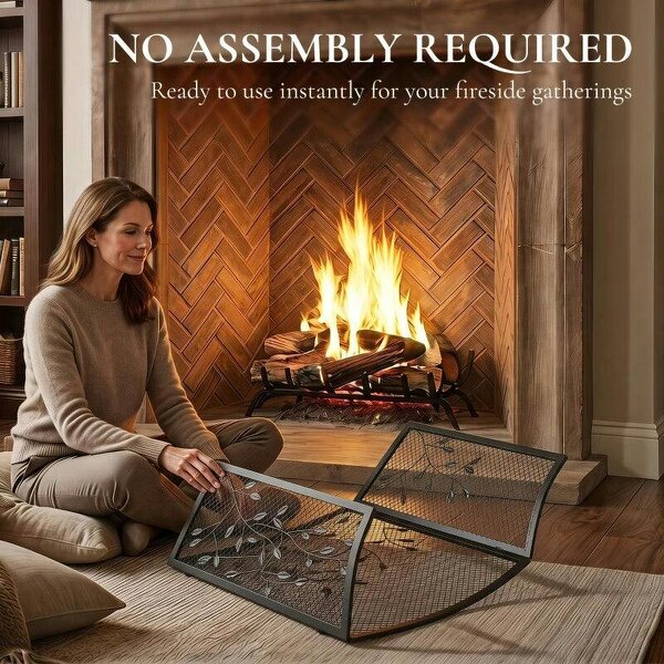 Floral 3-Panel Folding Fireplace Screen for Hearth Protection, Heat-Resistant Metal Fire Spark Guard, Black