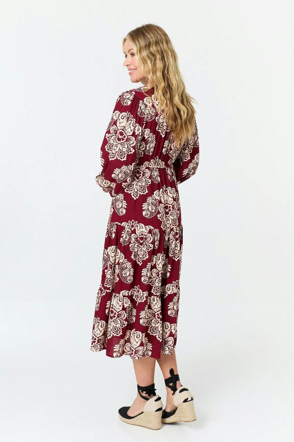 Red | Floral Long Sleeve Relaxed Midi Dress