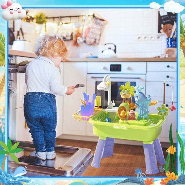 deAO Toys Beach Table & Simulation Kitchen Sink 2-in-1 Toy Set with Water Supply Function Simulation Dishwashing Set