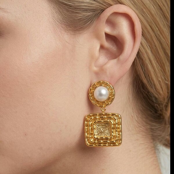 Uchi & Soto Shinju Pearl and Sculptural Square Earrings