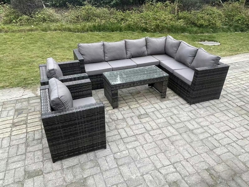 Fimous 8 Seater Rattan Corner Sofa Lounge Sofa Set With Rectangular Coffee Table 2 Arm Chair Dark Grey Mixed Right Hand
