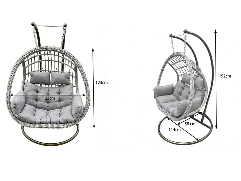 Fimous Rattan Hammock Garden Two Seater Hanging Egg Chair Indoor Outdoor Patio Furniture with Grey Cushion
