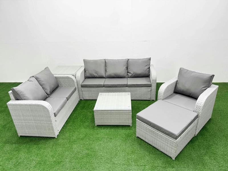 Fimous 7 Seater Patio Sofa Set, PE Rattan, Square Coffee Table, Reclining Chair, Loveseat, 3 Seater Sofa, Big Footstool & Side Table, Light Grey